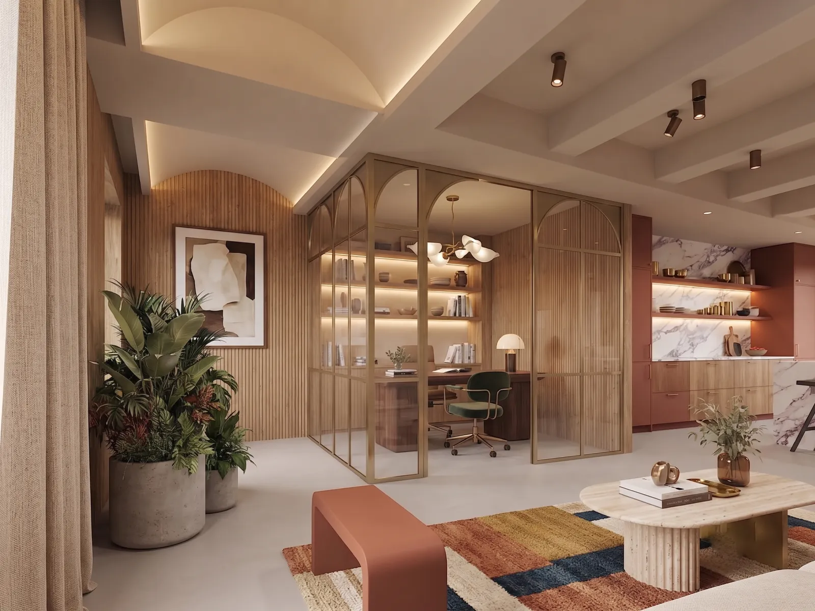 Verrière d'atelier sur mesure en acier noir séparant une cuisine du salon à Versailles